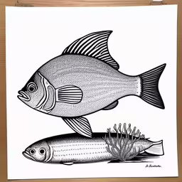 the fish on this card has been drawn,a drawing on paper of two fish and a sea urchin,a drawing of a fish and seaweed on a piece of paper,an ink drawing of fish swimming next to sea life,a black and white drawing of fish and seaweed