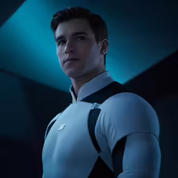 the young man in a white shirt is in front of a dark background