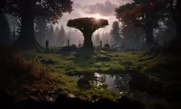 a fantasy setting of a bird in the middle of the forest