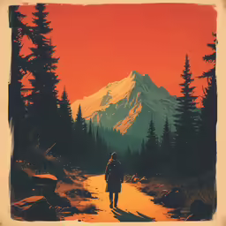 a man walking down a trail with mountains in the background