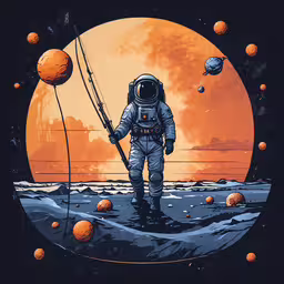 an astronaut in outer space with planets and contraption,a astronaut is standing on a planet with many planets
