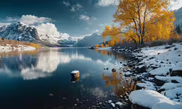 some snow water and trees with yellow leaves