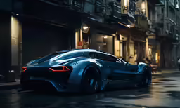 a futuristic blue car parked on the side of the street