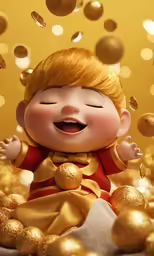 a little kid with gold dots and a big smile