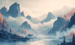 the mountain landscape is seen through foggy waters