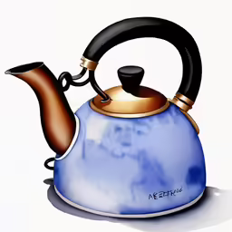 a blue and black tea pot with an iron on top