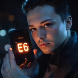 man with dark hair holding his smartphone displaying the time