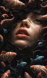 a woman with many fishes surrounding her head