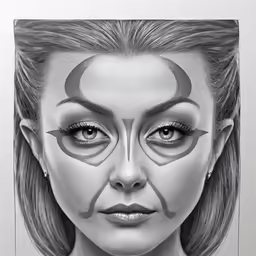 a woman with a face drawing on the bottom, and the upper half