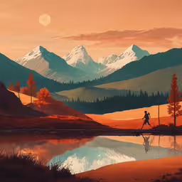 a man is running on the trail near a lake,a man running across a lush green field under a colorful sky
