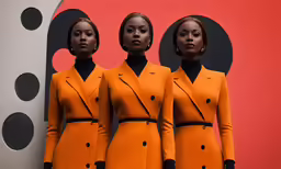 three black women dressed in orange in front of a large white and red backdrop