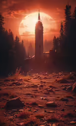 a lighthouse on the shore at dusk, near rocks
