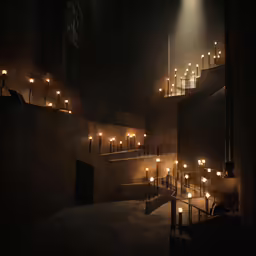 a lit stairway in the middle of dark night