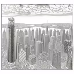 an illustration of the city skyline with skyscrapers in pencil,a drawing of the chicago skyline from a plane