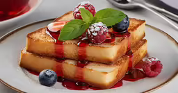 a plate with four pieces of french toast and fruit