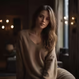 a woman with her hands on the legs of a couch