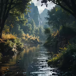a river that is in front of mountains and trees