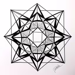 a drawing of a geometrically shaped object,this black and white abstract drawing shows a black pentagon surrounded by smaller rectangular objects,an artistic black and white drawing with overlapping shapes,a black and white picture with lines in the middle,a black and white picture with a geometric design