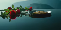 a bowl of food next to flowers on a table