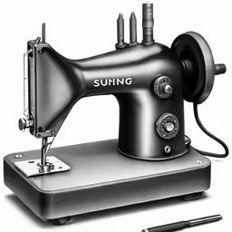 a small black sewing machine with scissors