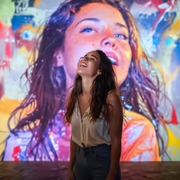 a woman is looking upward while she stares up into the sky
