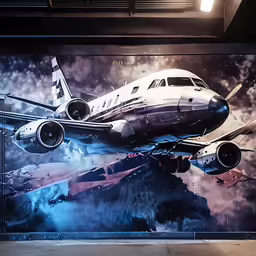 a large mural of a plane flying over a mountain