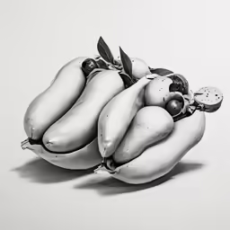 black and white photograph of bananas with leaves