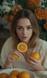 a woman holding an orange and some other fruit