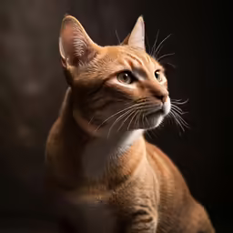 a brown tabby cat sitting on top of a wooden table