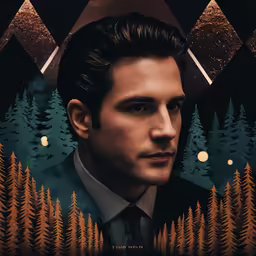 a man in a suit and tie, and forest behind him