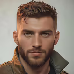 a close up view of a young man with a beard