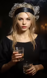 young blonde girl with black dress holding a glass