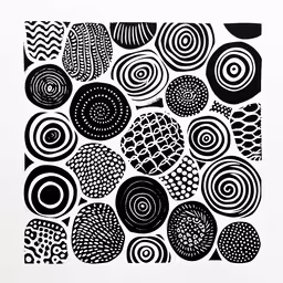 a black and white artwork work with black and white circles,black and white drawing on paper with circles