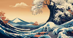 a car traveling through a snow covered mountain landscape,an orange van driving across a snow covered slope