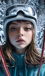 the girl is skiing wearing a helmet and goggles