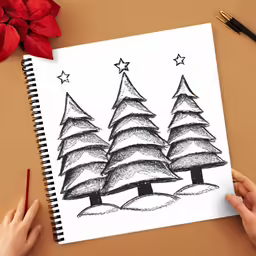 a person is sketching a christmas tree in charcoal with red flowers
