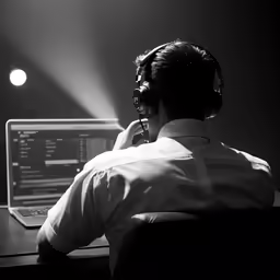 a man in a shirt sits at his desk talking on a cell phone
