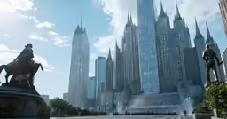 two statues in the foreground with a city and skyscrapers in the background