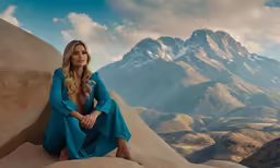a woman sitting on top of a large mountain