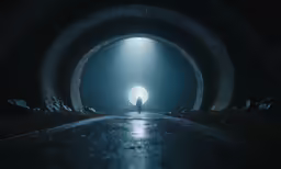a woman standing in a dark tunnel with light at the end
