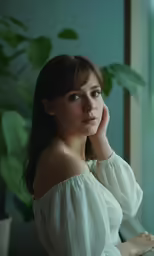 a beautiful woman is sitting by the window
