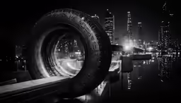 a very large tire sitting next to a body of water