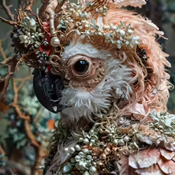 a strange sculpture that is sitting on some branches