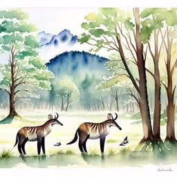 two deer in a wooded area under a blue sky
