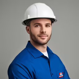 a man in blue is wearing a hardhat