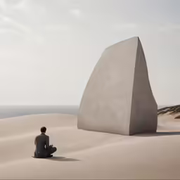 a person sitting down on the sand looking at a large triangular structure