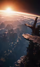 the sun setting over the mountains with the trees in the foreground