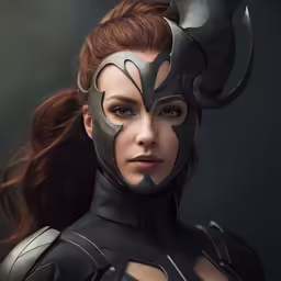 a woman in a black costume with horns