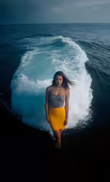 a girl walking out of the water near the shore