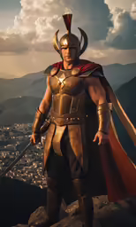 a man wearing a armor standing on a mountain top